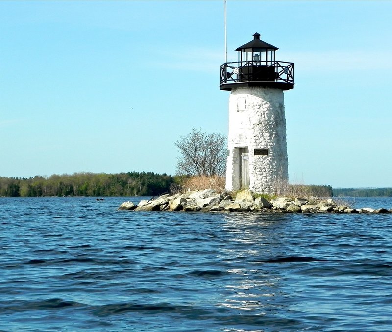 Ladies Delight Lighthouse sits on a ledge outcropping a mile south of the Cobbosseecontee Lake launch site just off Route 202 in East Winthrop.