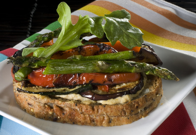 Grilled Vegetable Tartine with low-fat hummus, served as an open-face sandwich.