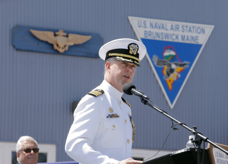 Capt. William A. Fitzgerald, Brunswick Naval Air Station’s commanding officer, addresses the crowd Tuesday. “Thank you for accepting us, embracing us, for making each of us who have served here and lived here better,” he said.