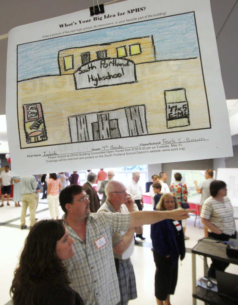 A drawing of South Portland High School created by a fourth-grader hangs from the ceiling at the open house Tuesday.