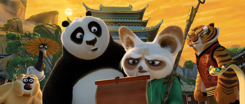 Po, voiced by Jack Black, and Shifu, voiced by Dustin Hoffman, in Kung Fu Panda 2, showing at Bridgton Twin Drive-In.