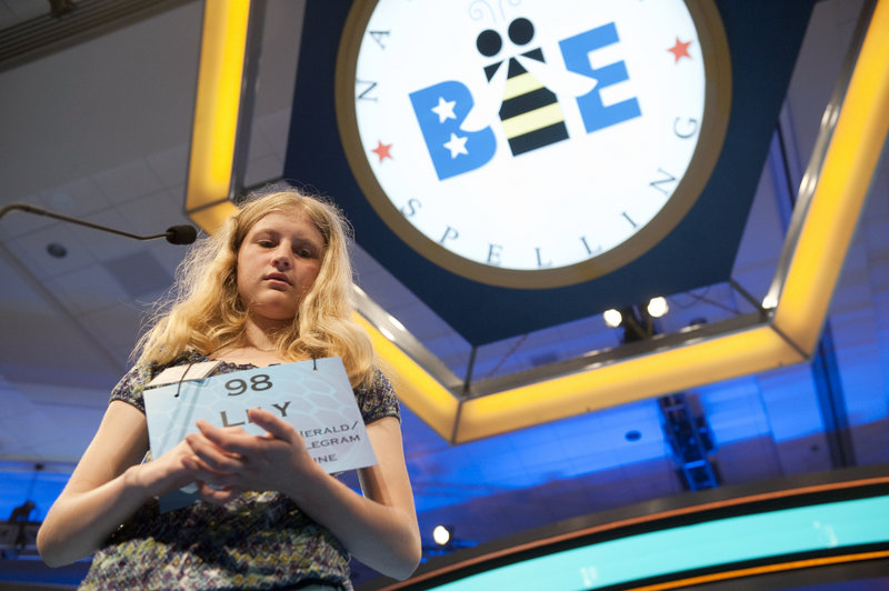 Lily Jordan, 14, of Cape Elizabeth competes in the preliminary rounds of the Scripps National Spelling Bee under way at the Gaylord National Resort and Convention Center in National Harbor, Md., on Wednesday.