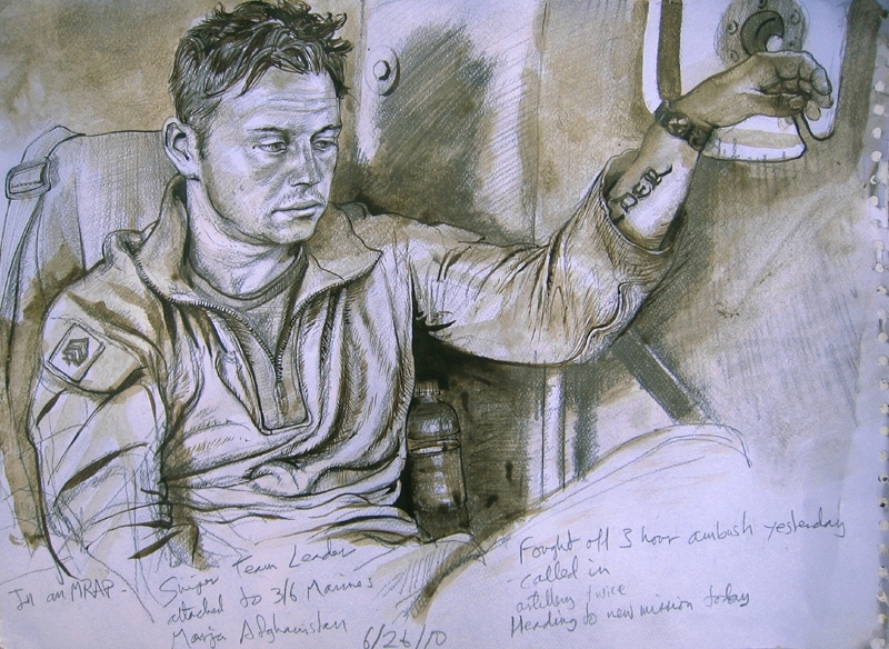 Mumford’s rendering of a sniper team leader in Afghanistan includes this text: “Fought off 3 hour ambush yesterday; called in artillery twice; heading to new mission today.”