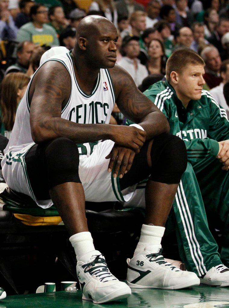 Shaquille O’Neal was a force for most of his NBA career, but spent much of his final season contending with injuries on the bench for the Boston Celtics.