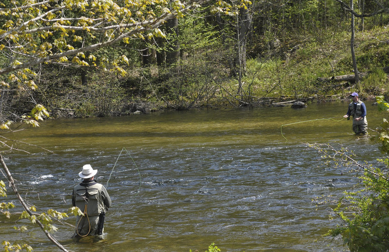 Anglers line the river in Grand Lake Stream in late May. Efforts by state biologists and area guides have helped to keep fish abundant there.