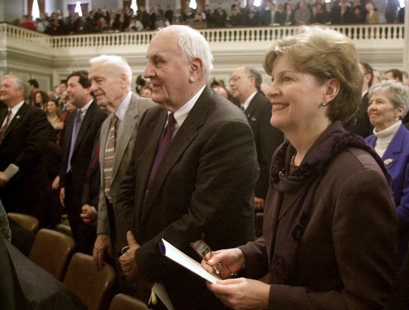 Former Gov. Walter Peterson, center, attended ceremonies in 2003 for incoming Gov. Craig Benson. Two other former New Hampshire governors who attended were Jeanne Shaheen, right, and Hugh Gregg, center left.