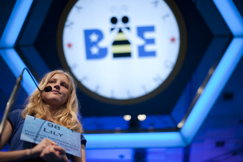 Maine’s own Lily Jordan, 14, takes the stage in the finals of the National Spelling Bee at the Gaylord National Resort and Convention Center in National Harbor, Md., on Thursday. An eighth-grader from Cape Elizabeth Middle School, she was among the 13 finalists competing for the national honor.