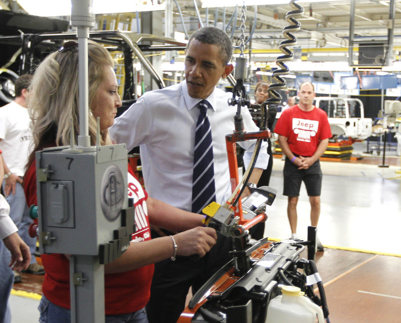 President Obama tours Chrysler Group’s Toledo Supplier Park in Toledo, Ohio, on Friday. “Thank you for bailing out Chrysler,” one woman told the president as he shook workers’ hands during a shift change.