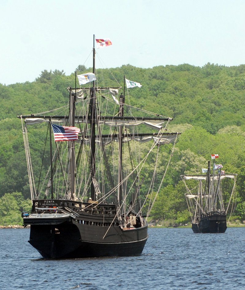 The Pinta, left, follows the Nina, replicas of Christopher Columbus’ ships, up the Thames River in Ledyard, Conn., on their way to Norwich, Conn., last Thursday.