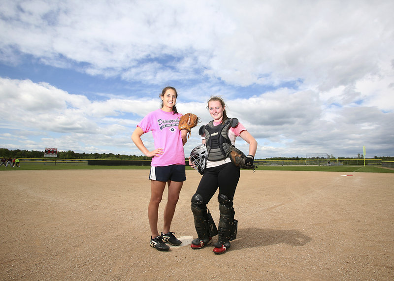 Alexis Bogdanovich, left, and Katlin Norton have played softball together since Little League. With Bogdanovich on the mound and Norton behind the plate, South Portland stands a good chance of repeating as Class A champion.
