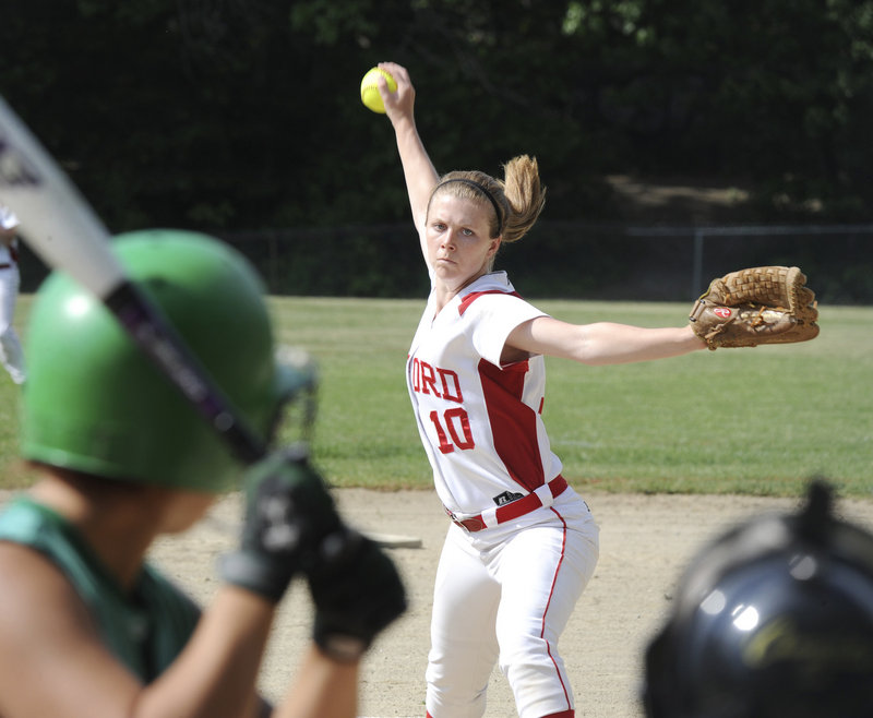 Sam Adams not only pitched a four-hitter for Sanford in a softball prelim Tuesday against Massabesic, she also scored the winning run.