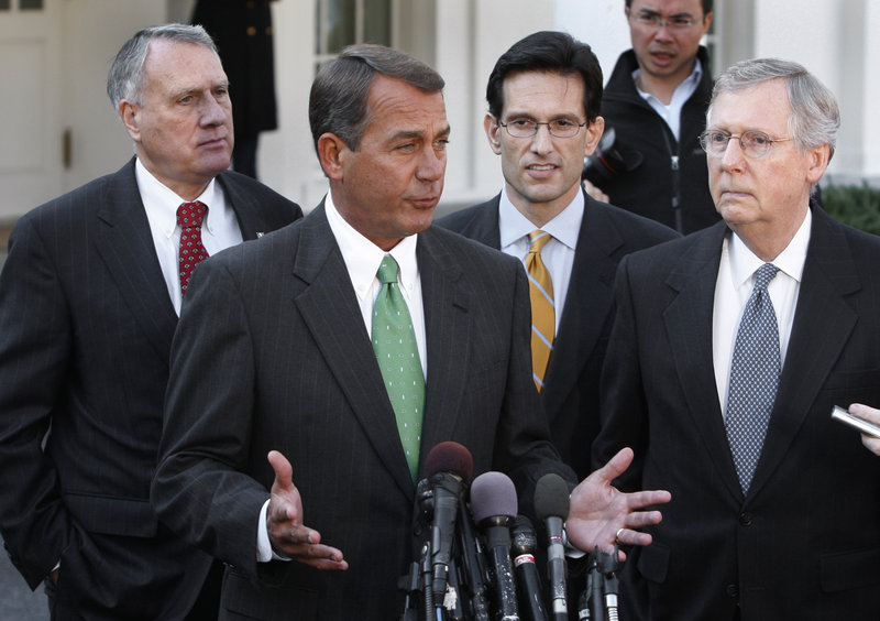 GOP leaders guiding talks on budget cuts tied to raising the federal debt ceiling include, from left, Sen. Jon Kyl of Arizona, House Speaker John Boehner, House Majority Leader Eric Cantor and Senate Minority Leader Mitch McConnell.