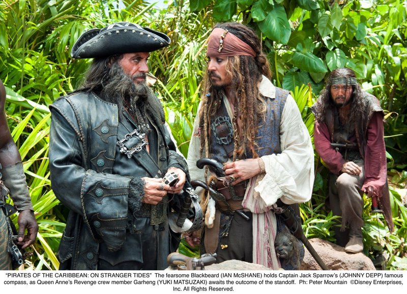 Blackbeard the pirate (Ian McShane) and Capt. Jack Sparrow (Johnny Depp) face off in "Pirates of the Caribbean: On Stranger Tides."
