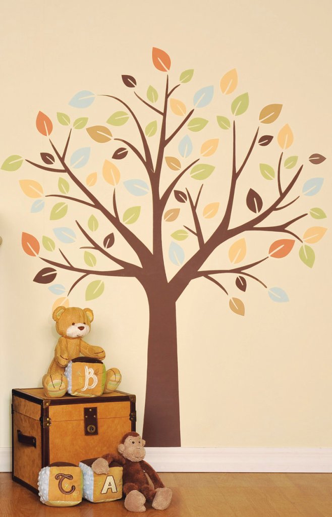 A Little Boutique wall decal of a tree. Inexpensive and easy to install, wall decals are popping up in every room of the house.