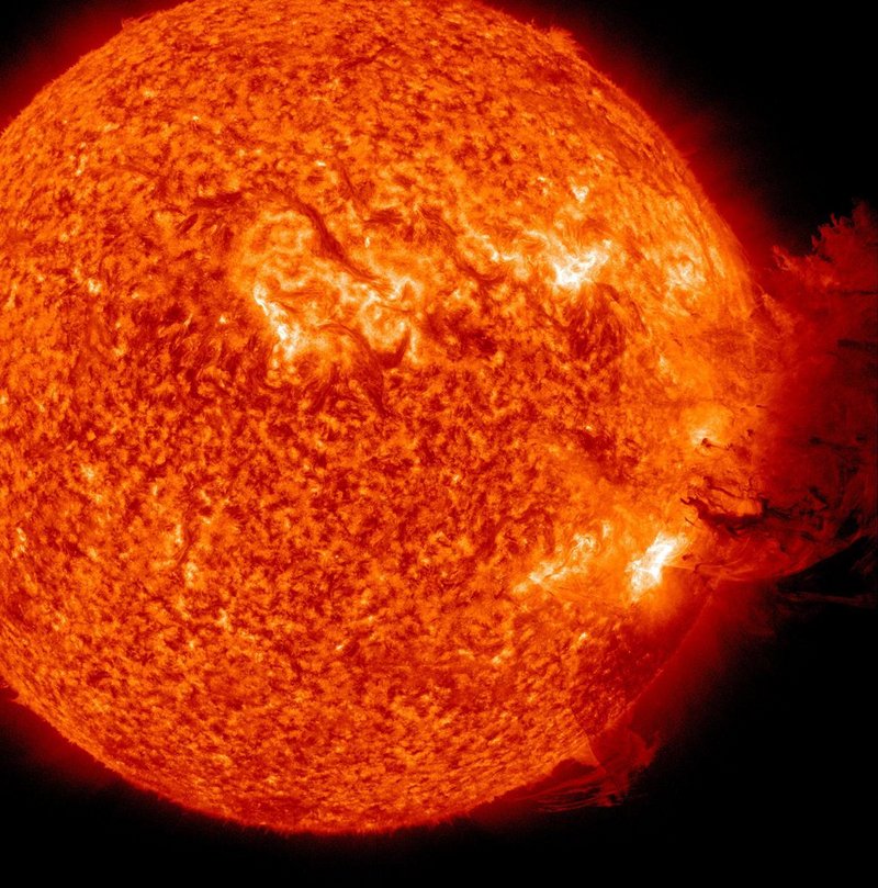 NASA cameras aboard the Solar Dynamics Observatory, an orbiting satellite, took this image showing the coronal mass ejection on the sun on Tuesday.