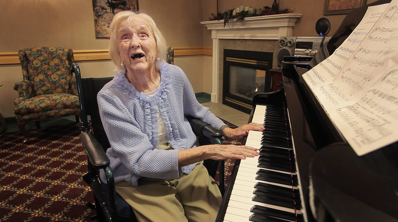 Carrie Shaw Day, who is 105 years old and a former music teacher at Morse High School, will play "Blue and The White," the school song, during a Morse High School reunion on Saturday night at the Bath Middle School gym.