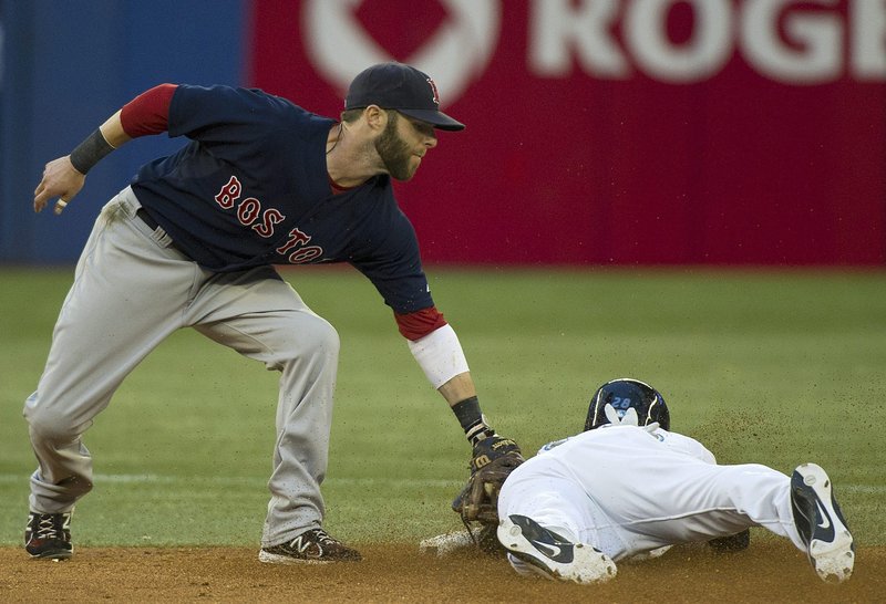 Jed Lowrie applies a tag to Toronto’s Jayson Nix on a stolen-base attempt during their game Friday in Toronto. Nix was safe on the play, but the Red Sox went on to take a 5-1 win for their seventh consecutive victory.
