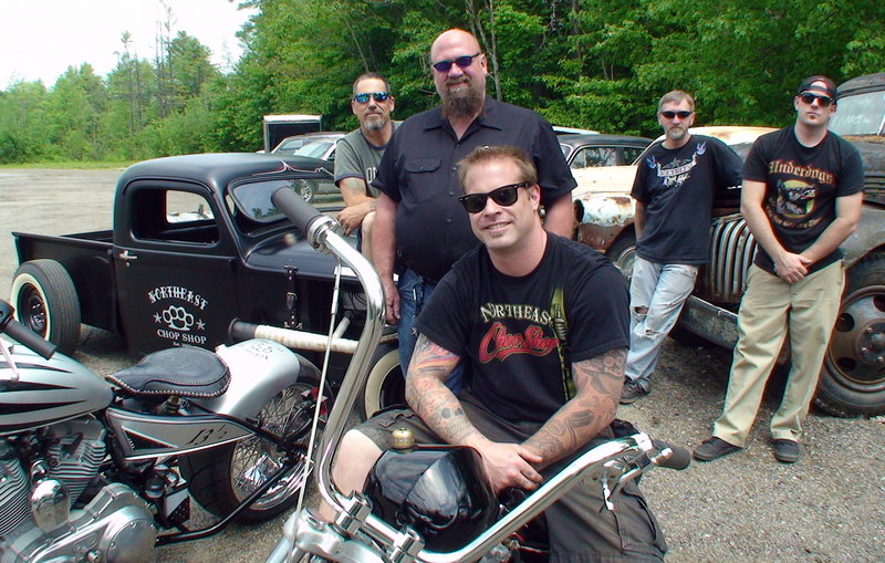 Jason Grimes, seated on bike, poses with his crew at Northeast Chop Shop on Route 302 in Windham. From left are John Phillips, Doug Rasmuson, Gordy Pierce and Tim Klein.