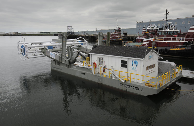 The Energy Tide 2, a research tidal-power vessel for the Ocean Renewable Power Company, is docked in Portland this week, and the public may tour it today through Thursday. A larger version will be tested off Maine this fall.