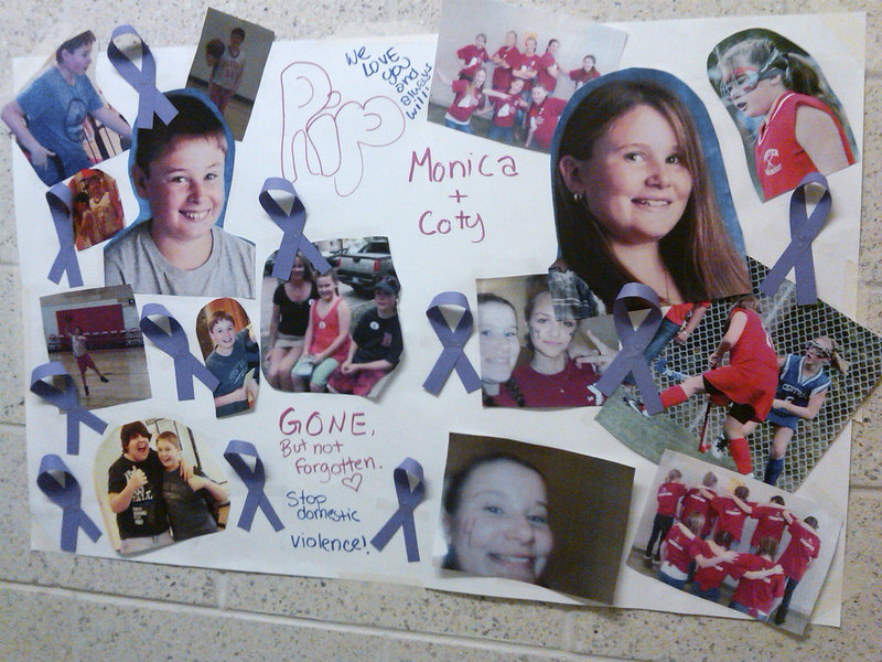 A poster hanging in the hallway of the Ridge View Community School in Dexter displays a montage of photos honoring slain students Monica and Coty Lake. “Everybody knew them. They were normal, happy, popular kids,” said SAD 46 Superintendent Kevin Jordan.