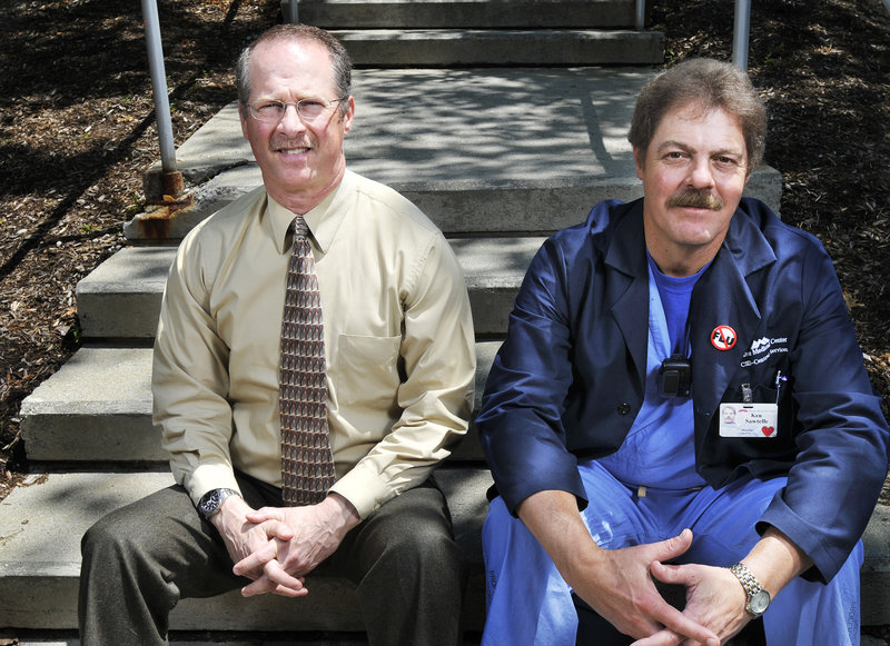 Ken Sawtelle, right, donated a kidney to Maine Medical Center co-worker Greg Gelinas, left, in 1999. Gelinas will now compete in swimming for a third time at the World Transplant Games in Sweden.