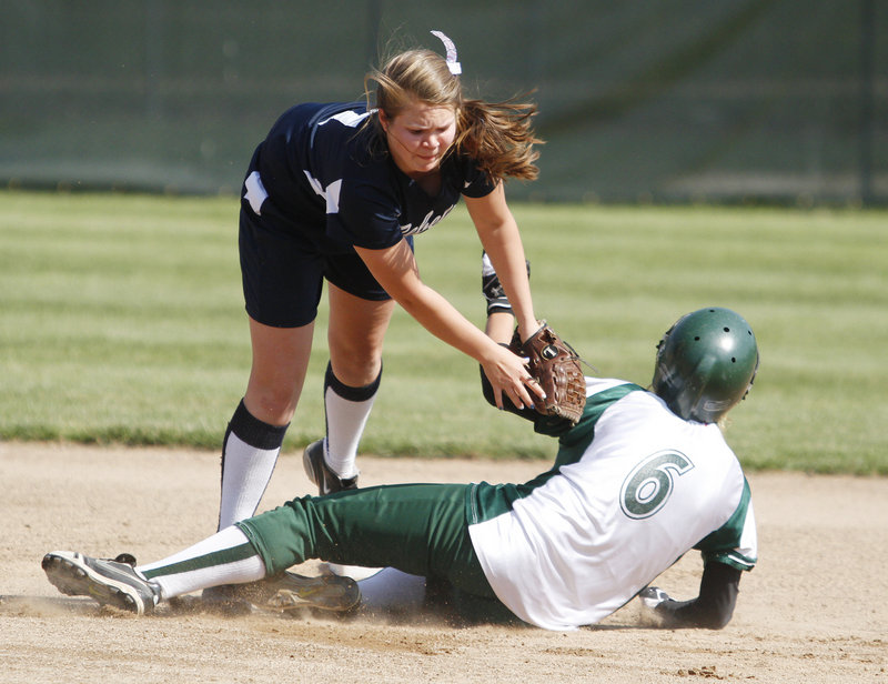 Kallie Brown of Telstar tags out Jill Bradbury of Georges Valley, who was attempting to steal second in the second inning of the Western Class C final Wednesday. Telstar won, 5-4.