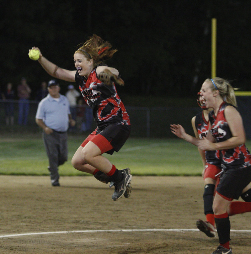 Mo Hannan of Scarborough leaps in the air after making the final out in a 1-0 win over South Portland. Hannan struck out 11.