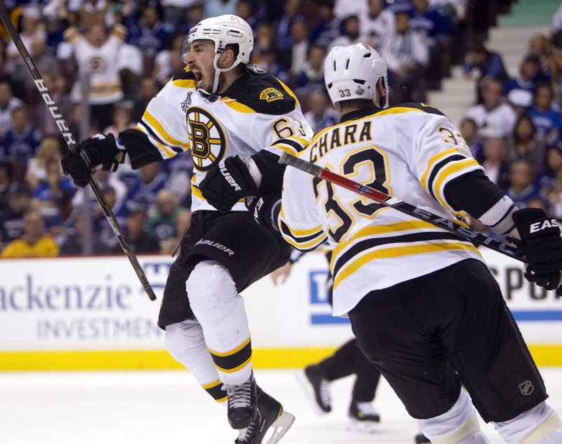 Brad Marchand of the Boston Bruins starts a celebration that will last for days, joined by Zdeno Chara, the team captain, after scoring against the Vancouver Canucks in the second period of what turned into a 4-0 victory in Game 7.