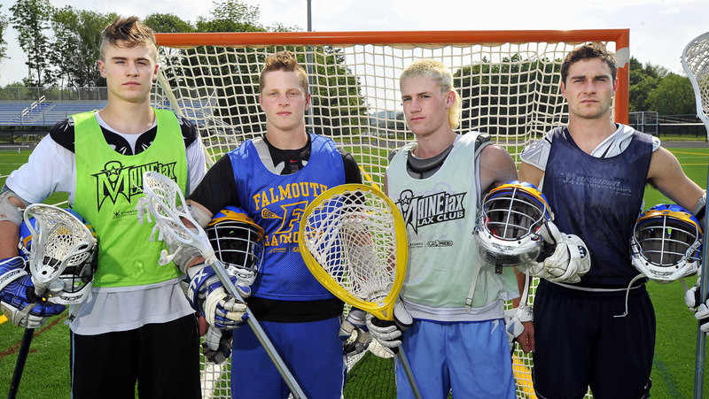 Falmouth, which will meet North Yarmouth Academy at 3:30 p.m. today for the Class B lacrosse championship in Portland, has a defense that enters every game with the idea of a shutout. Included, left to right, are Mike Ryan, Caleb Bowden, goalie Cam Bell and Mike Bloom.