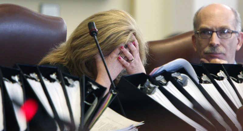 Assistant Senate Majority Leader Debra Plowman, R-Hampden, reacts to the budget debate Thursday at the State House. After many long days and nights of negotiations, the budget was sent to the governor’s desk.