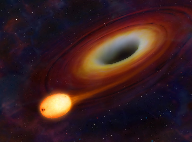 Artist’s image provided by the University of Warwick shows a star being distorted by its close passage to a supermassive black hole at the center of a galaxy. Scientists believe an extraordinary flash in a distant galaxy was caused by a star getting too close to a black hole.