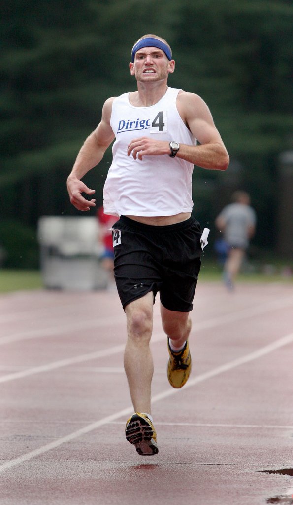 Josh Zolla of Freeport wins the men’s open 2-mile race in 9:27.53 on Friday night at Magee-Samuelson track at Bowdoin College.