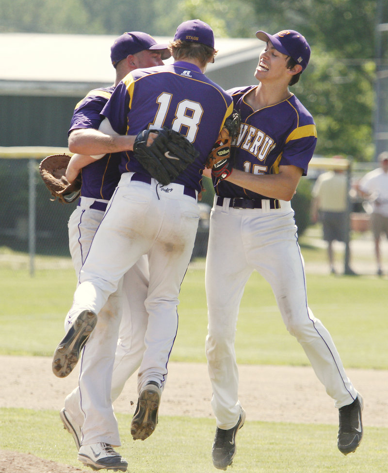 Harry Ridge, 18, is joined by Louie DiStasio, right, and Joey Royer after the final out.