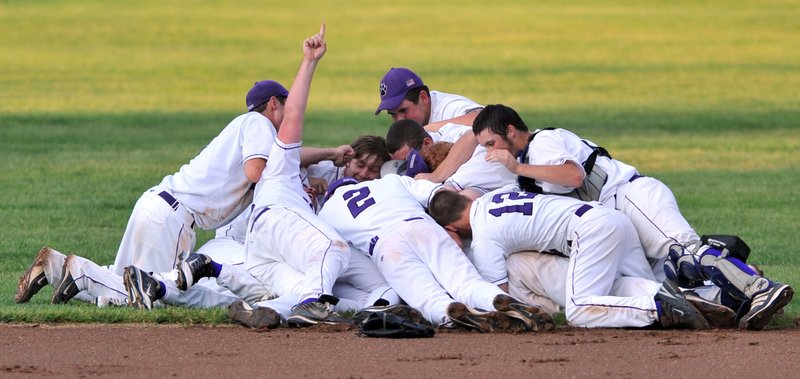 Piling-on time was worth the wait Saturday for the Waterville High baseball team, which sat through a 1-hour, 47-minute rain delay, then won its second straight Class B baseball state championship with a 1-0 victory against Greely.