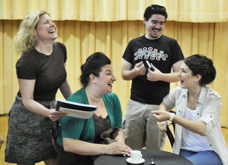 Mary Duncan, the production’s director, shares a laugh with actors Stephanie Sadownik, Jesse Wakeman and Coolen.