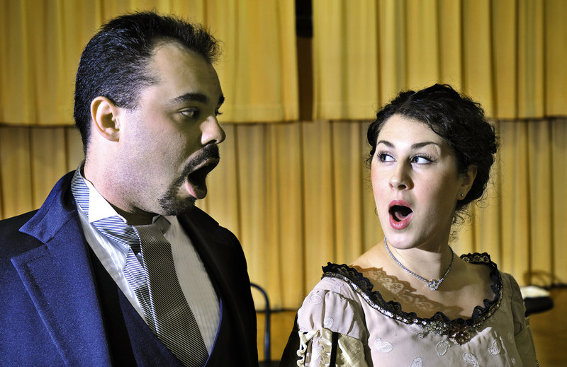 PORTopera players Robert Mellon of Long Island and Claire Coolen of Halifax, Nova Scotia, rehearse for “Cafe Vienna.”