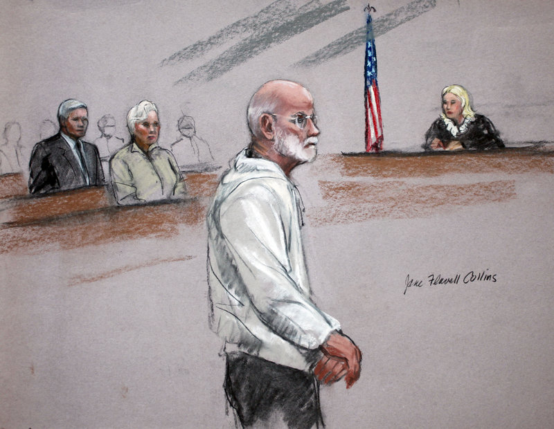 James Whitey Bulger, shown here in an artist's sketch, appears Friday in federal court in Boston.
