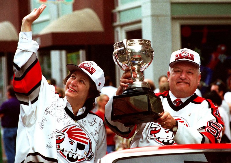 Joyce and Tom Ebright, the owners who moved the Baltimore Skipjacks to Portland and renamed them the Pirates, share the 1994 Calder Cup with the new club’s fans during the AHL championship parade on Congress Street.