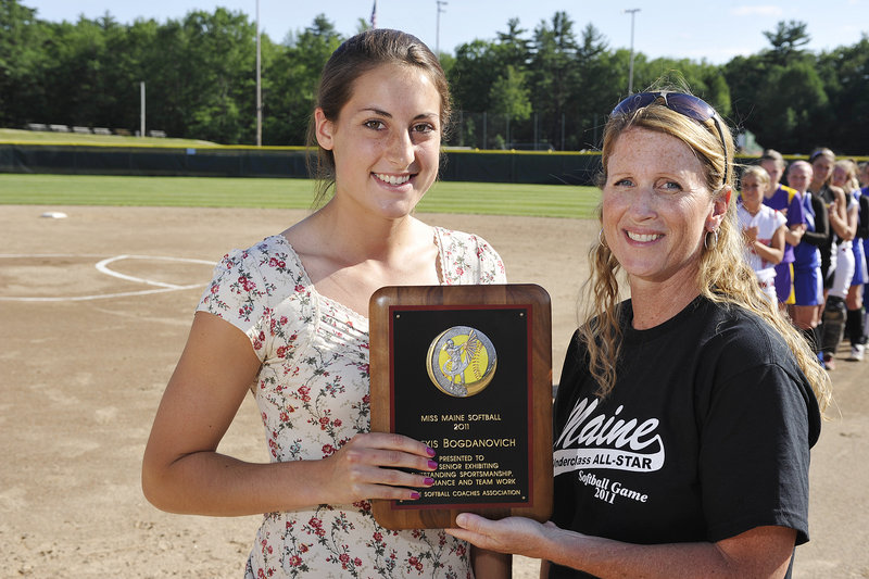 Alexis Bogdanovich accepts the Miss Maine Softball award from Lynn Coutts of the Maine High School Softball Coaches Association.