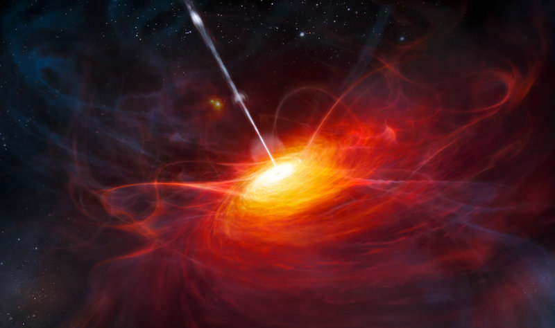 An artist’s conception depicts a quasar named ULAS J1120+0641, which was identified in images taken by a telescope in Hawaii. The beacon, powered by a black hole with a mass 2 billion times that of the sun, ranks as the brightest object ever found in the universe.