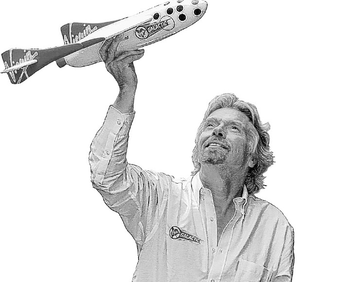 British entrepreneur Sir Richard Branson holds a model of SpaceShipOne, a privately developed manned rocket created by aviation designer Burt Rutan and funded by billionaire Paul Allen. Branson’s Virgin Group has entered an agreement to license the technology to develop the world’s first privately funded space travel, Virgin Galactic.