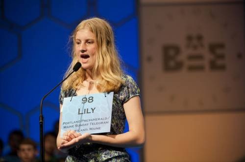 Lily Jordan, 14, of Cape Elizabeth competes in the Scripps National Spelling Bee in National Habor, Md., on Wednesday.