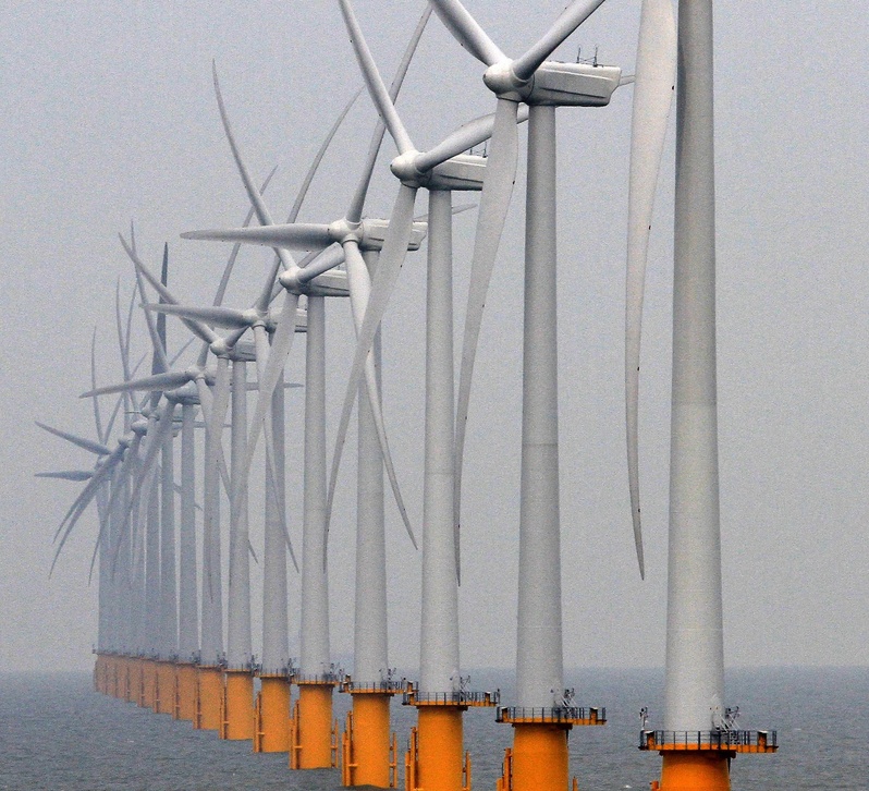 The windmills of the Thanet Offshore Wind Farm stand off Ramsgate, England. 