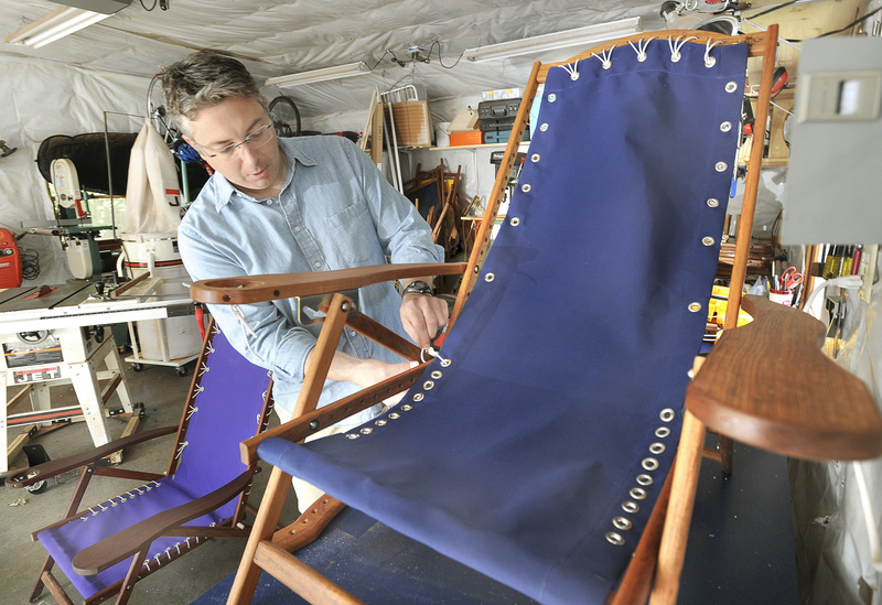 Brian Fish assembles a beach chair in his Scarborough workshop. He took woodworking classes through Portland Adult Education after he decided to design and build his ideal beach chair. He also is an accounts manager for a software company, but hopes to work full time on his chair business eventually.