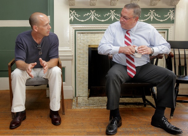 Frank Lopes, left, talks with Gov. Paul LePage at Serenity House in Portland on Monday, July 25, 2011. The governor paid a visit to the house, which is a residential addiction treatment program. Lopes graduated from the program in March.