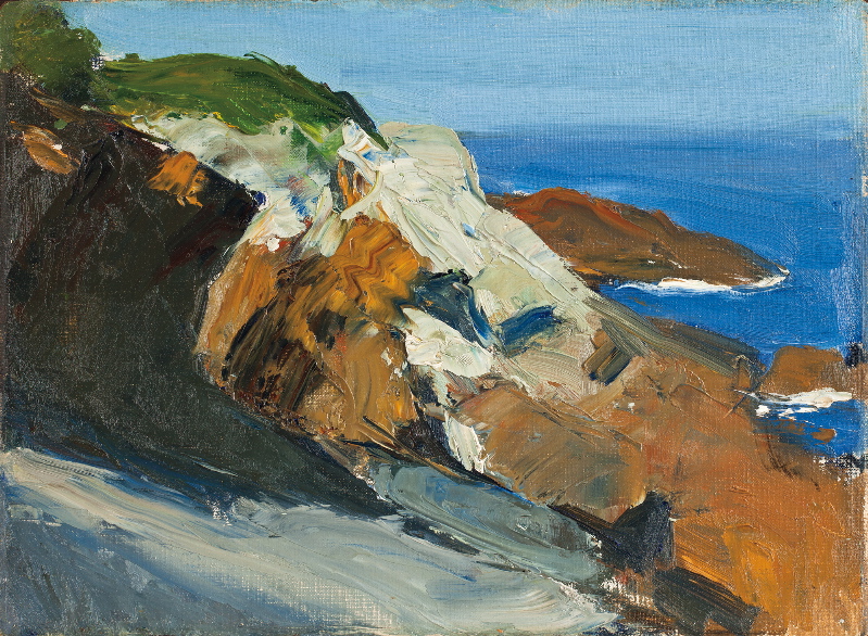 “Sea and Rocky Shore,” oil on canvas panel, 1916-19, is among 30 Hopper studies of Monhegan Island on view in “Edward Hopper’s Maine” at Bowdoin College.