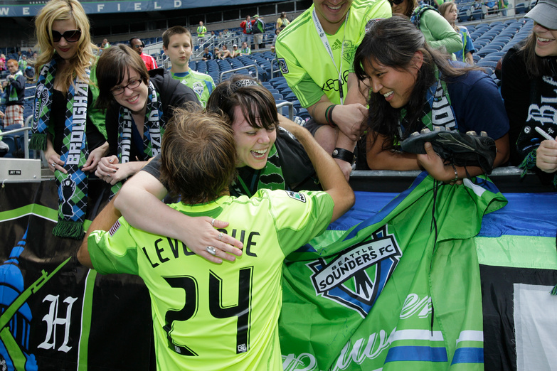 Roger Levesque, the former Falmouth High and Stanford soccer star, is in his third MLS season with the Seattle Sounders. Autograph sessions are part of the routine at Seattle’s Qwest Field, where sellouts are common.