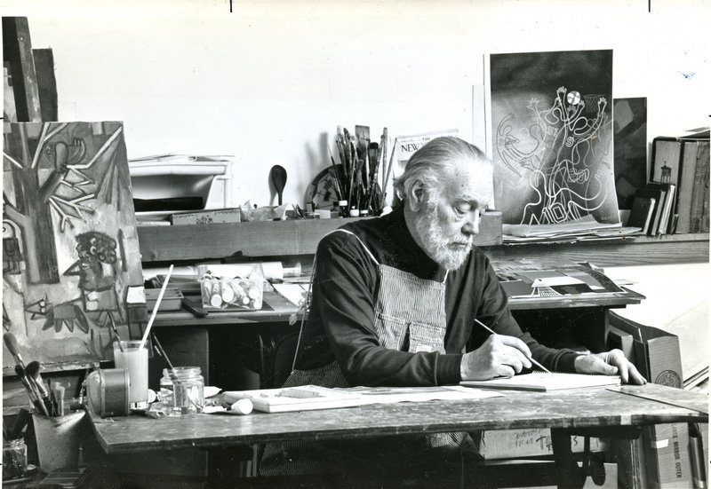 Charles Martin in his studio on Monhegan Island, date unknown.