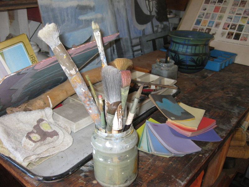 Some of Martin’s brushes, photographed in the late artist’s studio. Greenhut Galleries owner Peg Golden is displaying the brushes and other items along with The New Yorker covers.