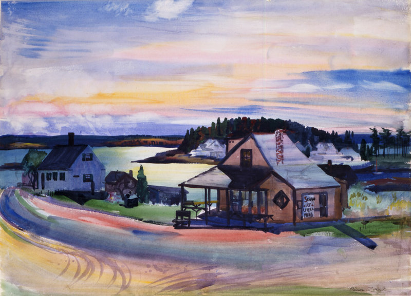 “Five Islands Ice Cream Parlor” by William Zorach, watercolor on paper, 1940, at the Portland Museum of Art.